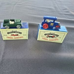 Lot Of 2 Vintage Matchbox Diecast Green Landrover and Blue Steam Roller NIB